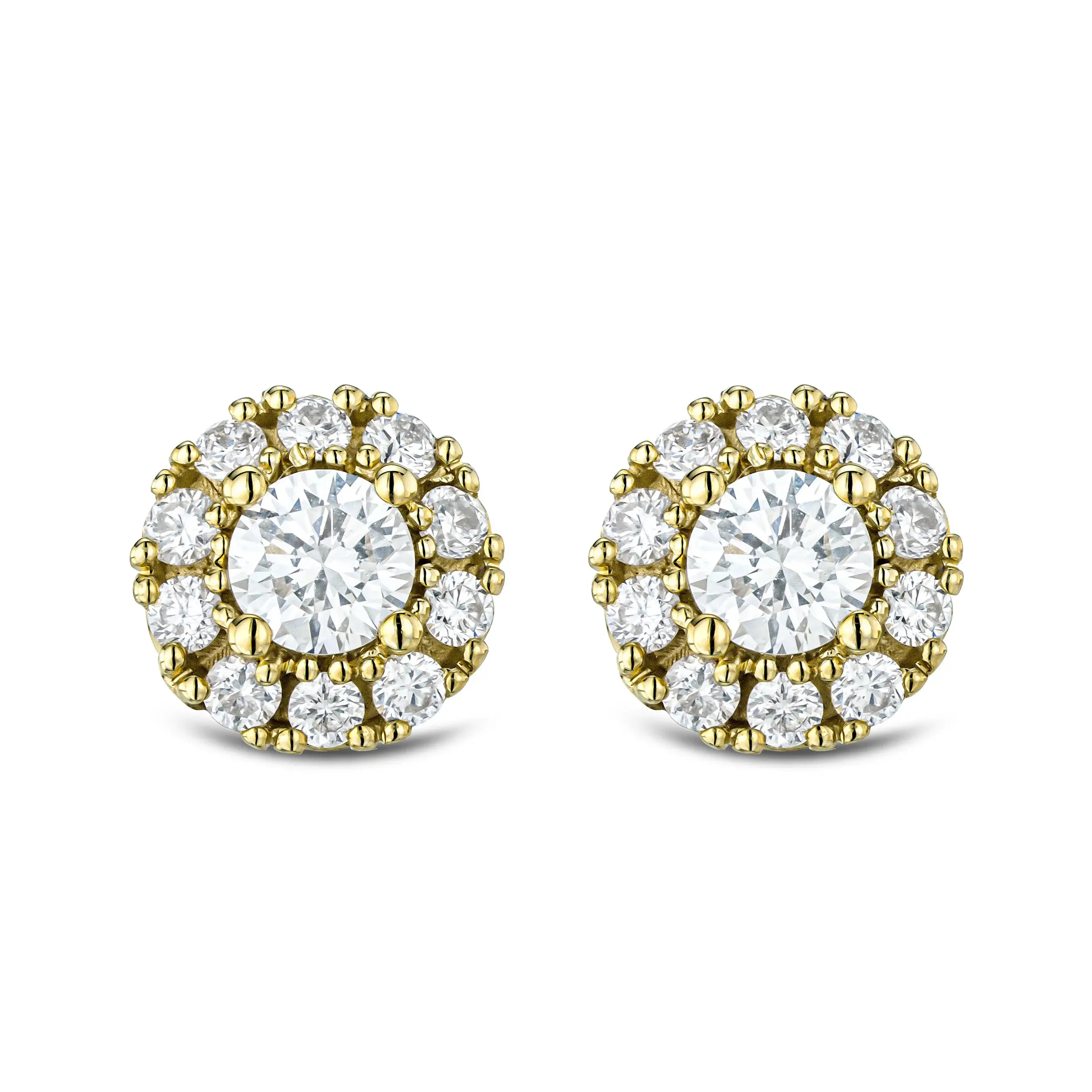 Aros Stud Halo con diamantes sintéticos en oro amarillo